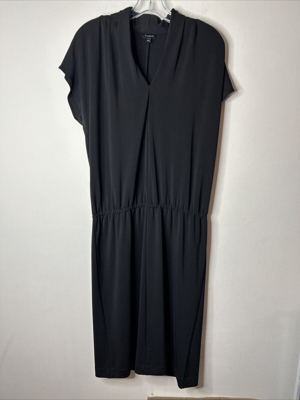 Talbots Women’s Shift Dress Size Medium Black Elastic Waist Short Sleeve Office